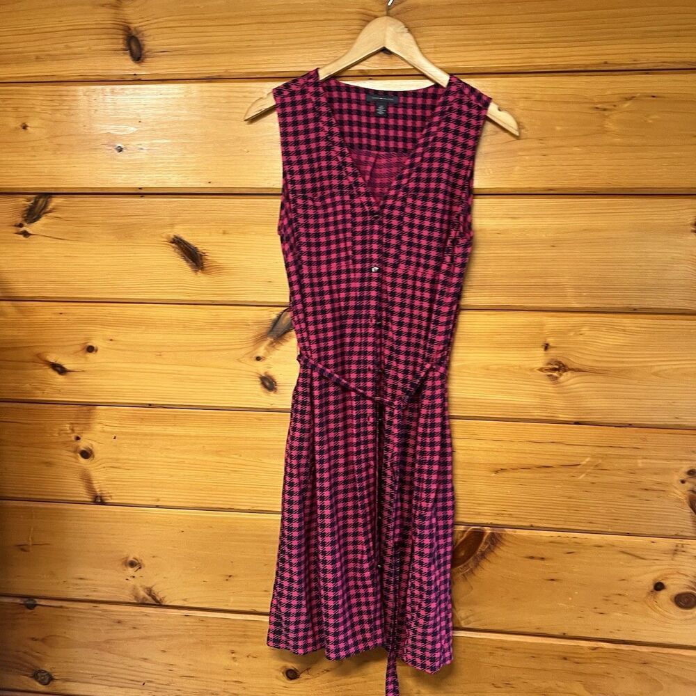 Tommy Hilfiger Pink & Navy Blue Houndstooth Belted Sheath Dress Small
